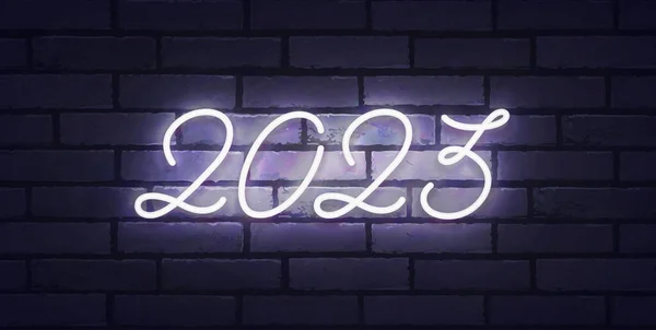 2023 Neujahr Neon Hintergrund Bunt Frohe Weihnachten Leuchtreklame Logo Emblem — Stockvektor