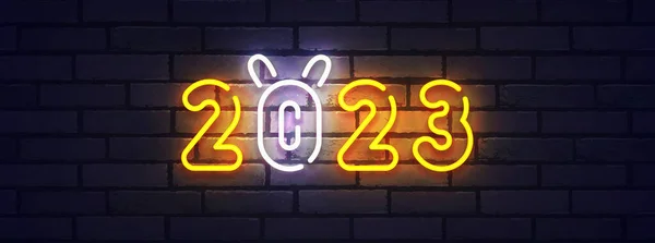 Šťastný Nový Rok2023 Neon Signs Logo Emblém Banner Štítek Světlý — Stockový vektor