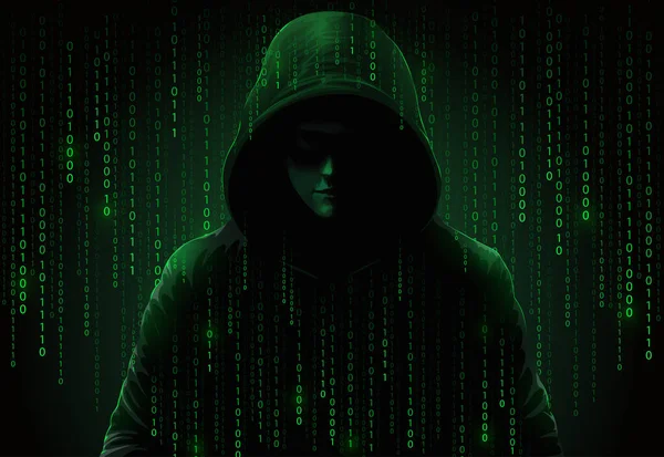フーディのコンピューター ハッカー 暗い顔をしている データ盗難 インターネット詐欺 ダークネットとサイバーセキュリティの概念 バイナリコードを持つ画面背景のハッカー — ストックベクタ