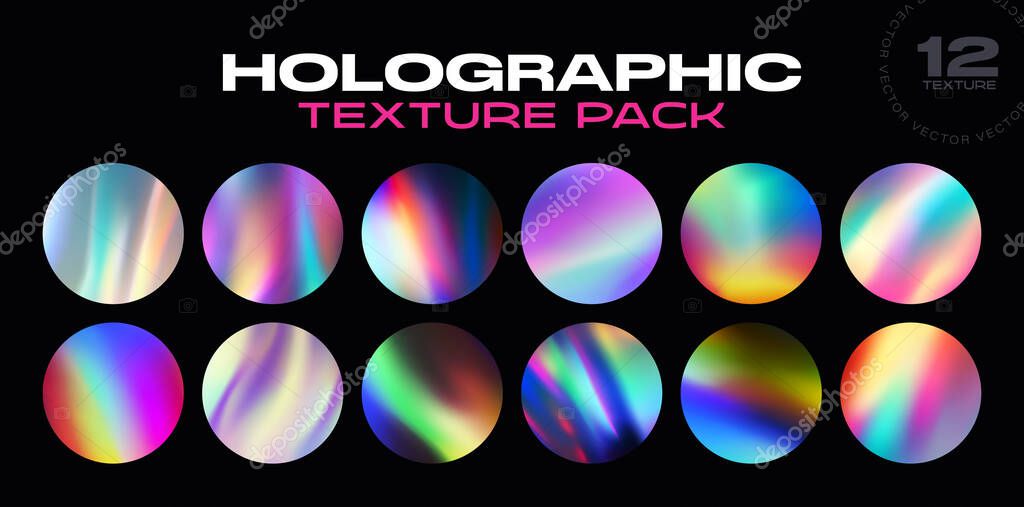 Holographic stickers. Hologram labels of different shapes. Sticker shapes for design mockups. Holographic textured stickers for preview tags, labels. Vector illustration