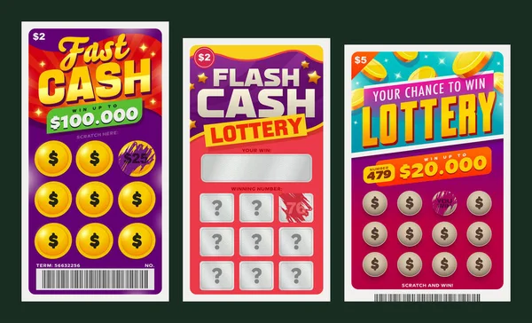 Lottery Tickets Set Game Scratch Win Cards Tickets Using Instant — Stock Vector