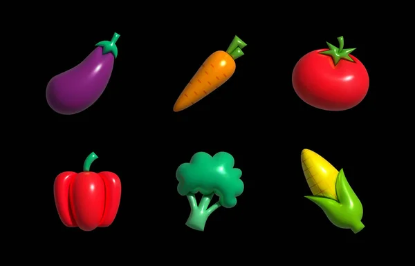 可敬的蔬菜 具有塑性变形效果的平面3D元件 设置图标茄子 胡萝卜 西红柿 西兰花 矢量说明 — 图库矢量图片