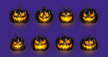 Ürkütücü bir gülümsemesi ve parlayan gözleri olan siyah şişmiş balkabağı. Balkabağı şişirilebilir siyah şişme balkabakları. Kesik, güzel, korkutucu bir gülümsemesi var. Vektör illüstrasyonu