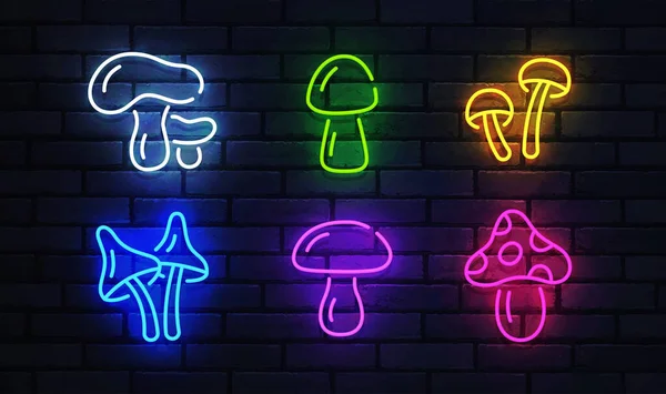 Mushrooms Neon Sign Bright Signboard Light Banner Mushrooms Icon Neon — Stock Vector