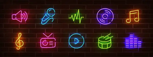 Insegna Neon Musicale Insegna Luminosa Striscione Luminoso Logo Musicale Neon — Vettoriale Stock