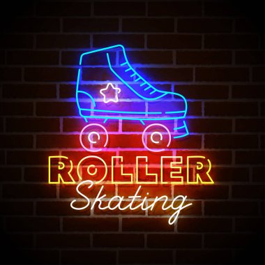 Roller Skating neon sign, bright signboard, light banner. Roller Skates icon neon, emblem. Vector illustration clipart