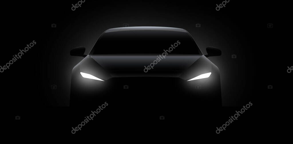 Front car silhouette with rear white lights on dark black background, wallpaper, banner template. Vector illustration