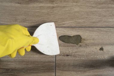 Ahşap zemine kazıyıcı ile köpek kakası temizlemek.