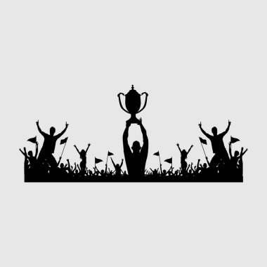 Şampiyonluğu kazandıktan sonra kupayı kaldıran bir grup insanın silueti.