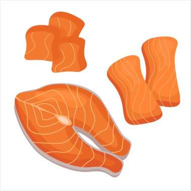 Beyaz arka planda izole edilmiş somon parçaları, set. düz biçim.