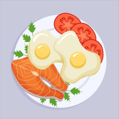 Sağlıklı yiyecekler. Somonlu sahanda yumurta. düz biçim.