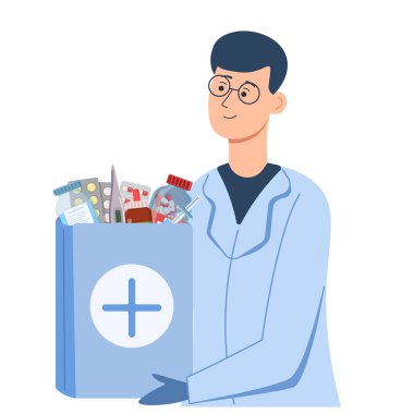 Bir paket haplı doktor. Tıbbi reçeteli tedavi, düz stil.