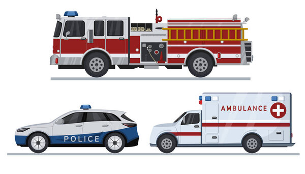 Emergency vehicles. Fire truck, ambulance and police car.