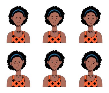 Farklı Duygulara sahip Afrikalı Amerikalı Kadın 'ın Vektör Avatar seti. Düz Biçim Portreleri.