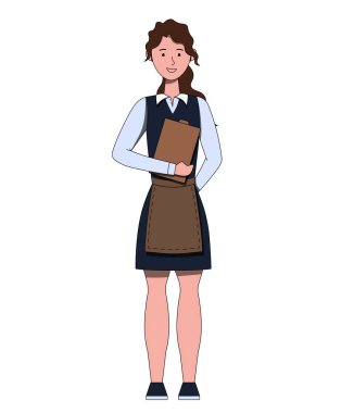 Üniforma Bekleme Panosu Vektör İllüstrasyonunda Kadın Garson Karakteri.