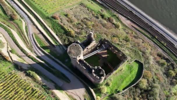 Ehrenfels Castle Ruins Seen Drone Town Rdesheim Rhein Hesse Germany — ストック動画