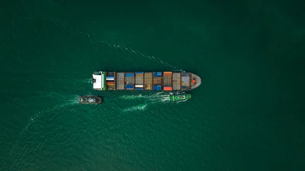 Konténerszállító Hajó Konténer Behozatala Kivitele Nemzetközi Zöld Tenger Antenna Felülnézet — Stock Fotó