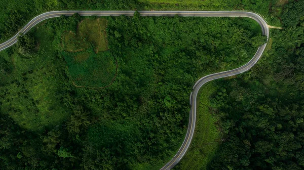 Воздушный Вид Сверху Красивая Кривая Дороги Зеленый Лес Сезон Дождей — стоковое фото