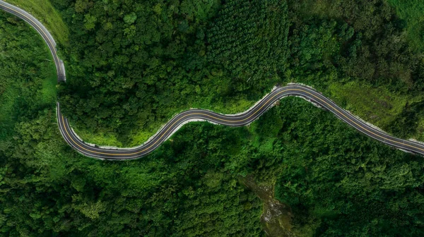 Aerial Top View Beautyfull Curve Road Green Forest Rain Season — Stock Photo, Image