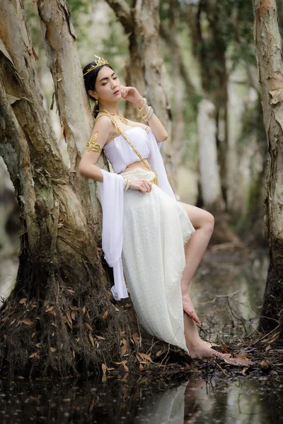 Portrait Beautiful Thai Asian Woman White Dress Local Tradition Costume — Stock Photo, Image
