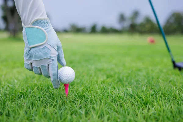 sport woman golf hand placing pink tee and white ball into ground.