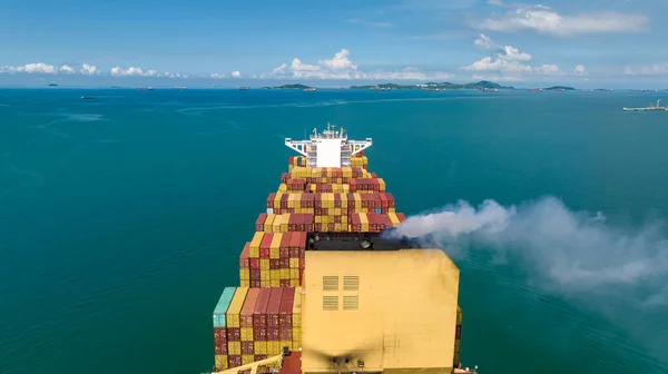 Aerial view container cargo ship, import export commerce business and industry service logistic transportation  International by container cargo ship in open sea,  shipping logistic transport global maritime concept,
