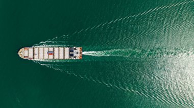 cargo container ship carrying in sea to import export goods and distributing products to dealer and consumers international aerial photography from drone,