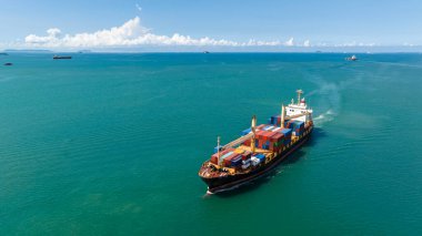 Aerial view container cargo ship, import export commerce business and industry service logistic transportation  International by container cargo ship in open sea,  shipping logistic transport global maritime concept,