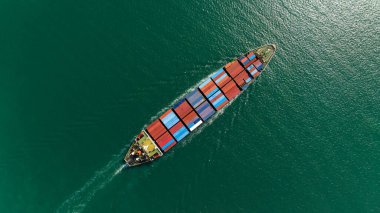 cargo container ship carrying in sea to import export goods and distributing products to dealer and consumers international aerial photography from drone,
