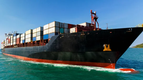 stock image container ship business, logistic delivery service goods for import export international by sea, asia pacific , container ship transport, aerial drone point of view,