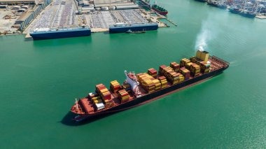 Aerial view container cargo ship, import export commerce business and industry service logistic transportation  International by container cargo ship in open sea,  shipping logistic transport global maritime concept,
