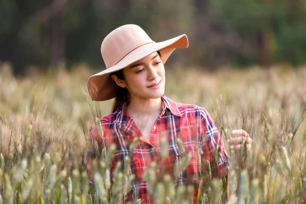 Retrato Mujer Asiática Agricultora Agrónoma Que Trabaja Campo Grano Planificación —  Fotos de Stock