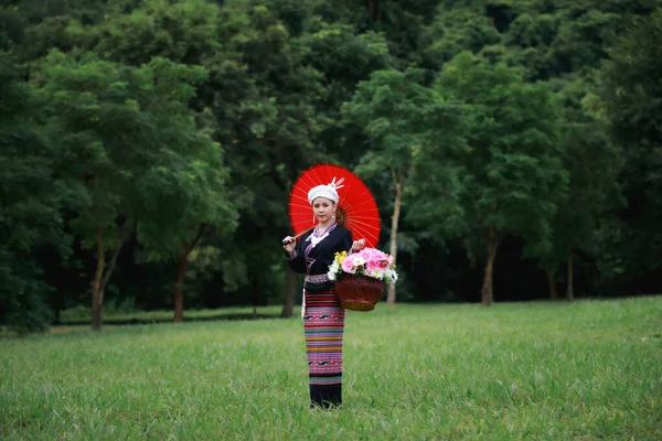 Porträtt Asiatisk Ung Kvinna Står Grönt Gräs Bär Traditionell Thai — Stockfoto