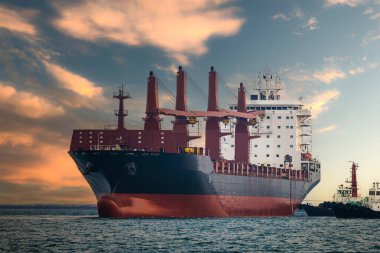 Büyük taşıyıcı gemi denizde öğleden sonra yüzüyor, römorkör konteynır gemisi, mavi gökyüzü akşam arkaplanı ve deniz önü, ulaşım konsepti,