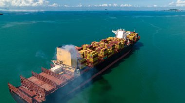 Aerial view container cargo ship, import export commerce business and industry service logistic transportation  International by container cargo ship in open sea,  shipping logistic transport global maritime concept,