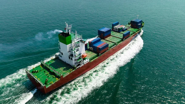 cargo container ship sailing full speed in sea to import export goods and distributing products to dealer and consumers worldwide, by container ship Transport, business logistic delivery service, aerial view