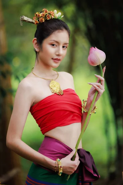 Smilling Portrait Beautiful Woman Traditional Thai Red Dress Holding Lotus — Stock Photo, Image