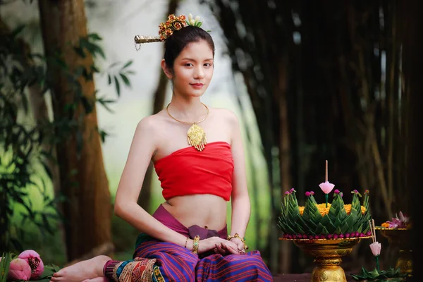 Portrait Beautiful Woman Traditional Thai Red Dress Sitting Park Decorate — Stock Photo, Image