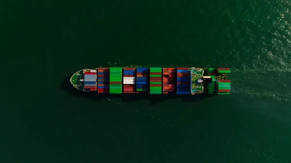 cargo container ship sailing full speed in green sea to import export goods and distributing products to dealer and consumers worldwide, by container ship Transport, business logistic delivery service, aerial top view