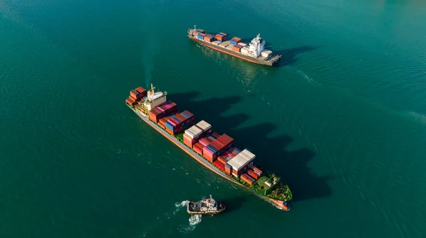 container ship business, logistic delivery service goods for import export international by sea, asia pacific , container ship transport, aerial drone point of top view,