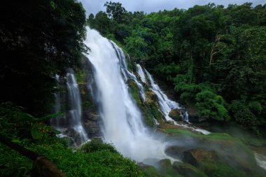 Wachira Tan Şelalesi ve yeşil orman yağmur mevsiminde Doi Inthanon Ulusal Parkı, Chiang Mai, Tayland.