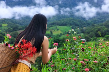 Genç Asyalı kadın çiçek toplamak için bir sepet taşıyor, sabah manzarası için yağmur mevsiminde sisli yeşil orman.,