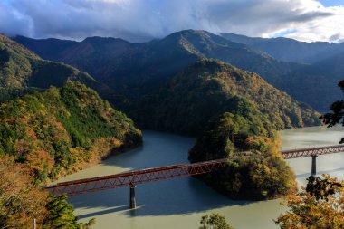 Oigawa Demiryolu Ikawa Hattı Oku-oi Kojo İstasyonu ve Japonya 'daki Gökkuşağı Köprüsü. panoramik hava görüntüsü