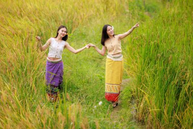 Sarı teraslı pirinç tarlalarında geleneksel elbiseler giyen iki genç Asyalı kadın. pa bong piang 'da. Chiang Mai Tayland.