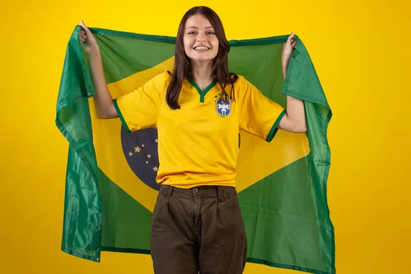 Oung Woman Wearing Official Uniform Shirt Brazilian Soccer Team 2022 — Stock Photo, Image