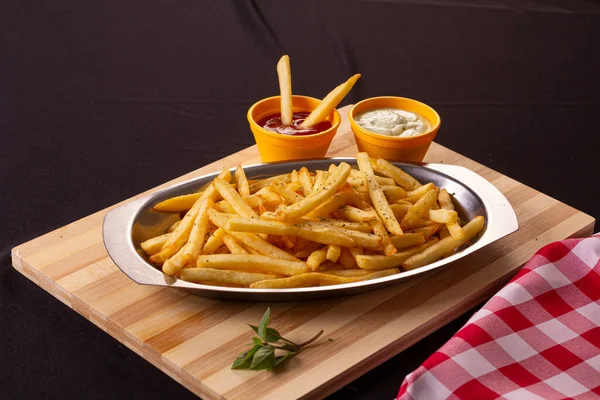 Portion French Fries Silver Bowl Top Wooden Board Checkered Fabric — Stock Photo, Image