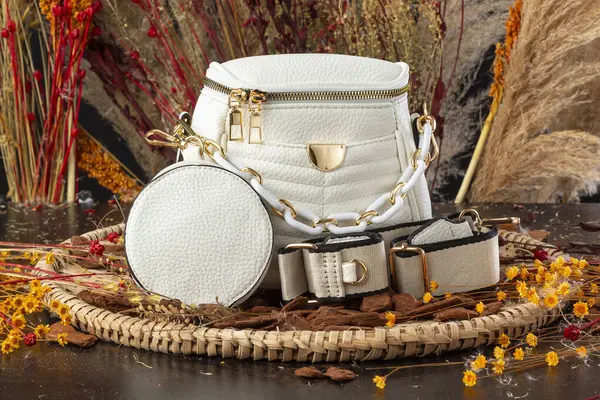 Stüdyo fotoğrafında çeşitli şekillerde deri çantalar.