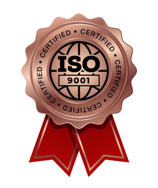 ISO 9001 kırmızı kurdele vektörlü bakır madalya. Mühür ödülü bakırı. Kalite yönetim sistemleri. QMS standardı.