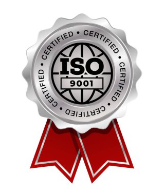 ISO 9001 gümüş madalya ve kırmızı kurdele vektörü. Mühür ödülü gümüşü. Kalite yönetim sistemleri. QMS standardı.