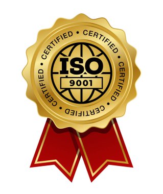 ISO 9001 kırmızı kurdele vektörlü altın madalya. Mühür ödülü altını. Kalite yönetim sistemleri. QMS standardı.